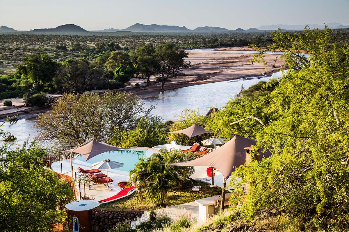 The swimming pool at Sasaab, a tented camp in a private conservancy in Kenya’s Samburu National Park
