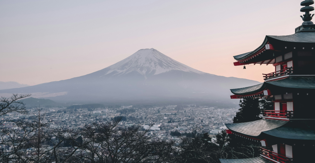Mount Fuji towering over the surrounding countryside in Japan