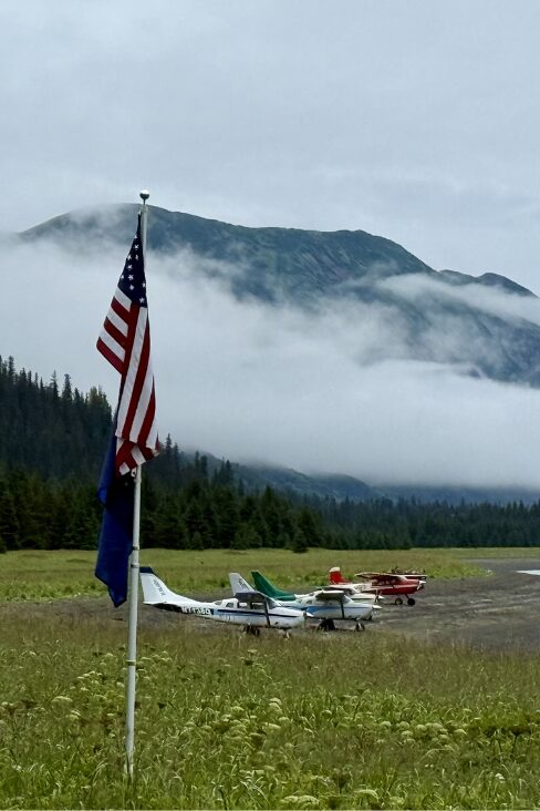 Small airplane in Alaska, American flag