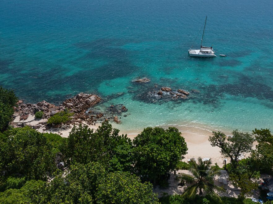Aerial view of beach, Raffles, Praslin, Seychelles