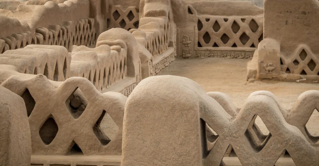Chan Chan archaeological site in northern Peru, showcasing the ancient adobe ruins of the Chimú civilisation.