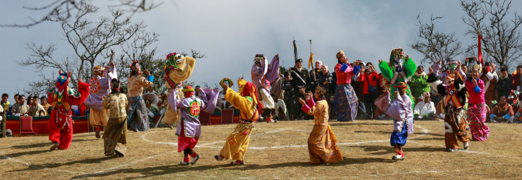 Dochula Pass in Thimphu, Bhutan, with prayer flags and Himalayan mountain views