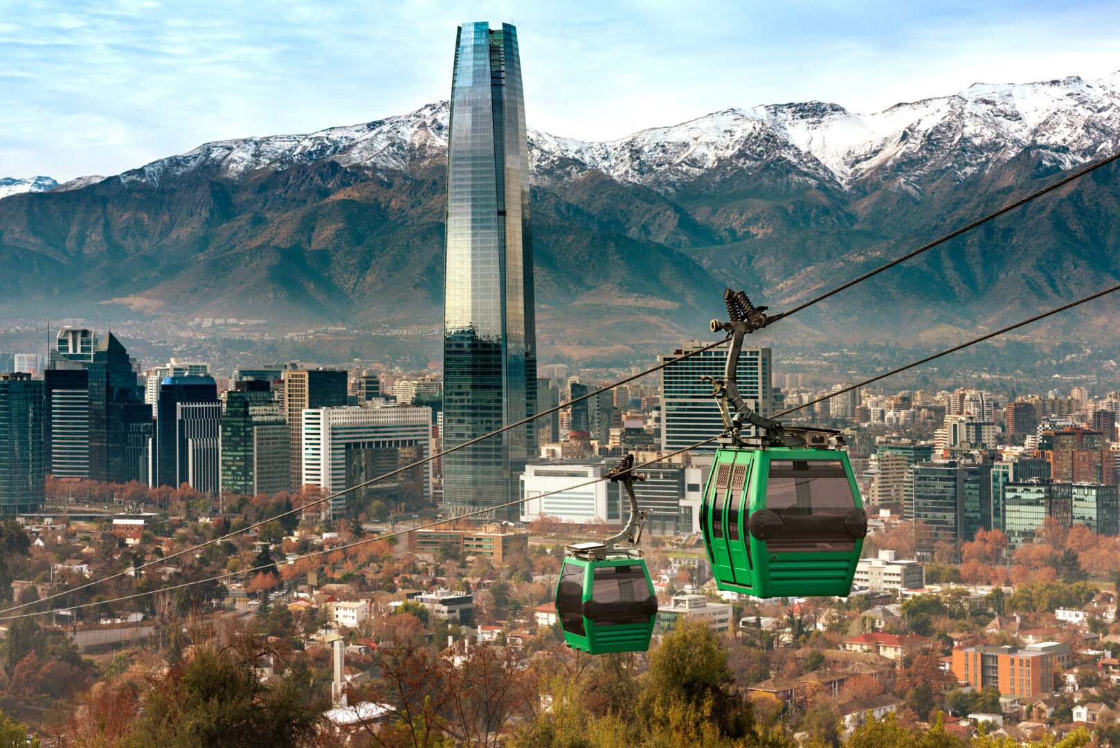 Cable car in San Cristobal hill, overlooking a panoramic view of Santiago de Chile