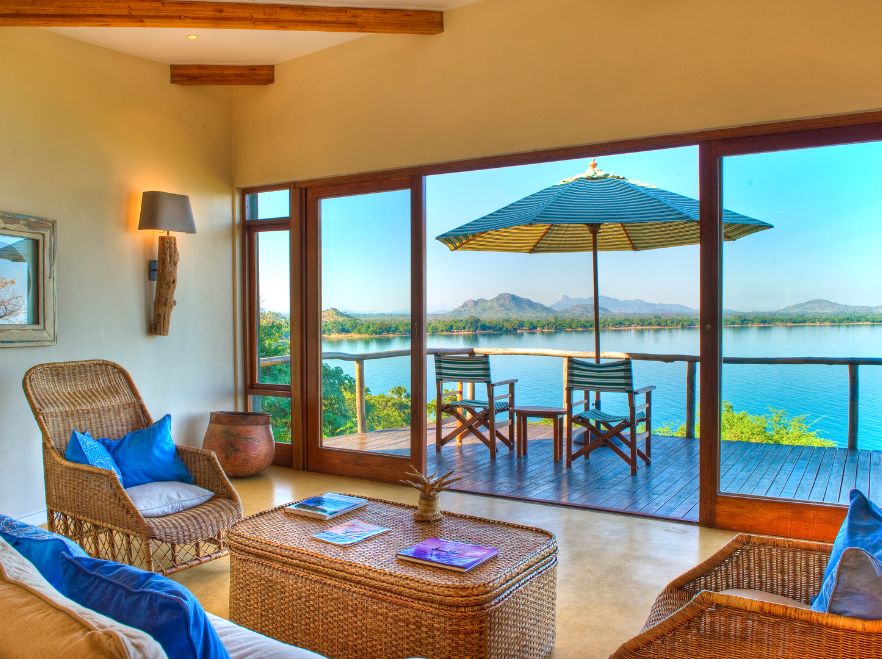 Villa living area at Pumulani Lodge, Lake Malawi, Malawi