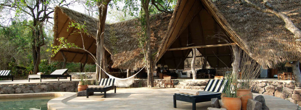 Thatched hotel in front of a pool