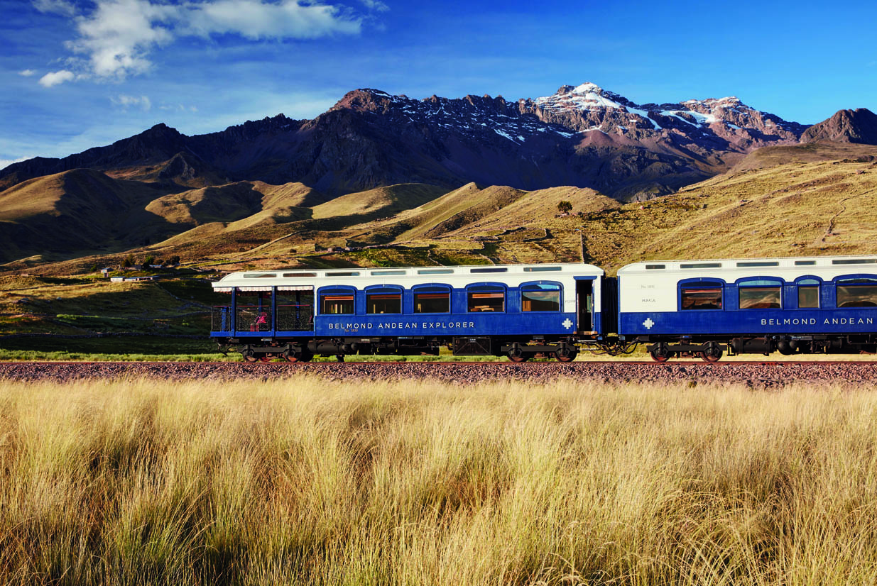 Luxury train travelling through the dramatic landscapes of the Andes, Peru